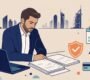 A UAE professional reviews insurance documents beside a laptop, shield, calendar, and payment symbols.
