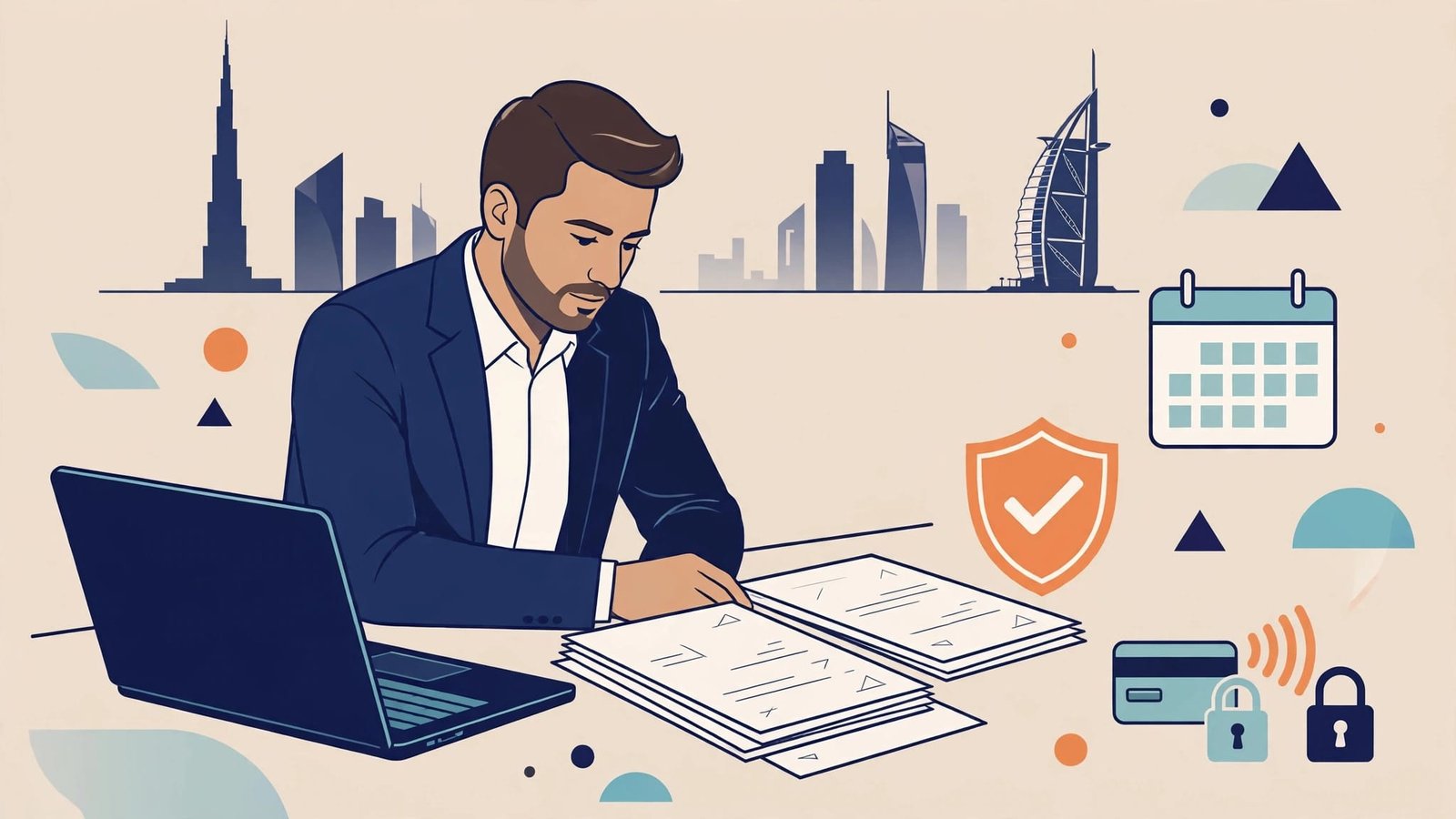A UAE professional reviews insurance documents beside a laptop, shield, calendar, and payment symbols.