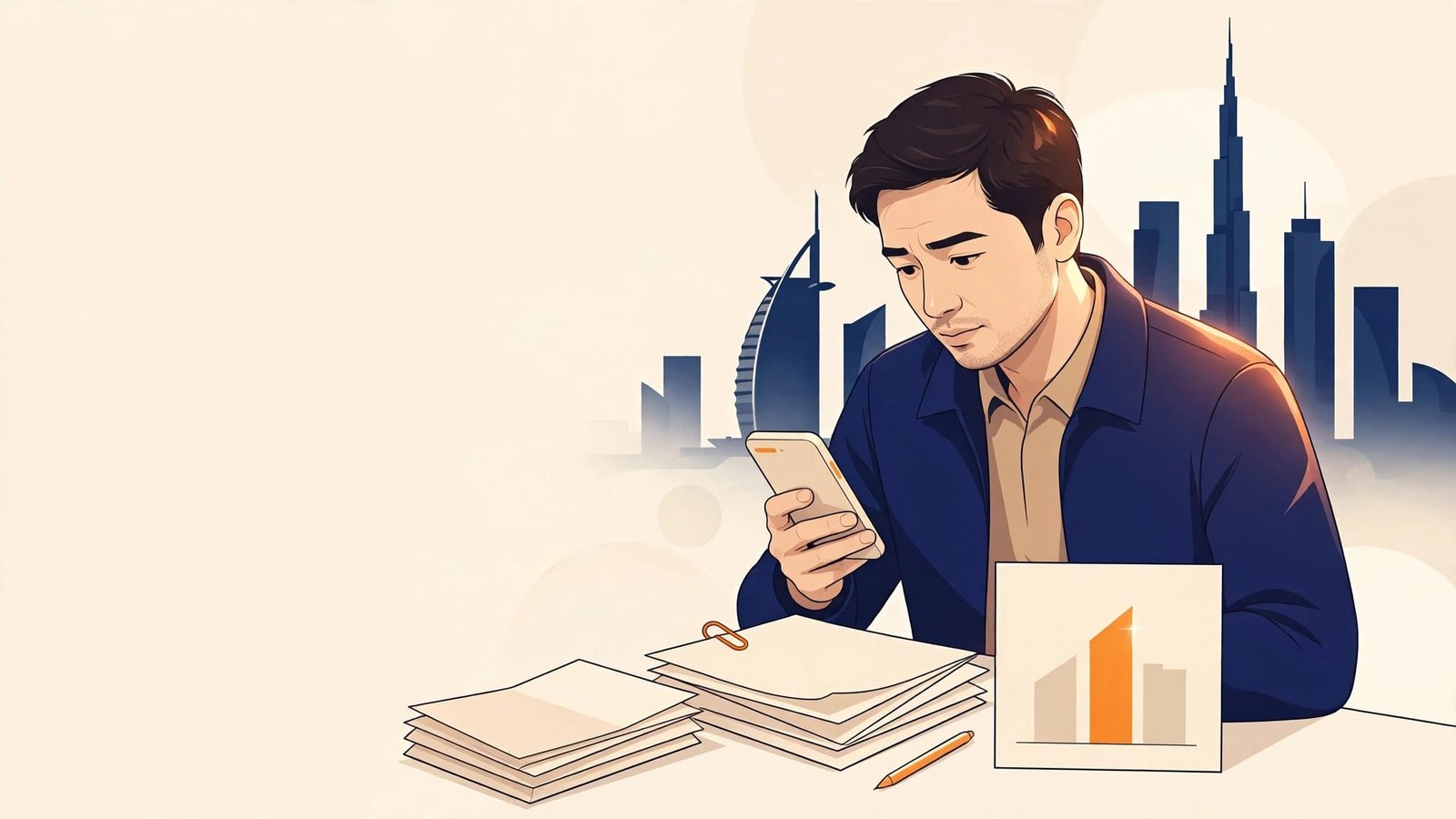 Employee reviews payslips, contract papers, and bank records at a desk.