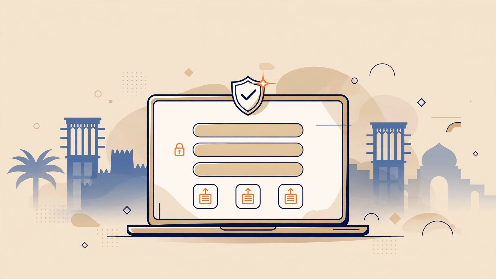 Laptop showing a secure UAE government job application portal with upload icons and a shield.
