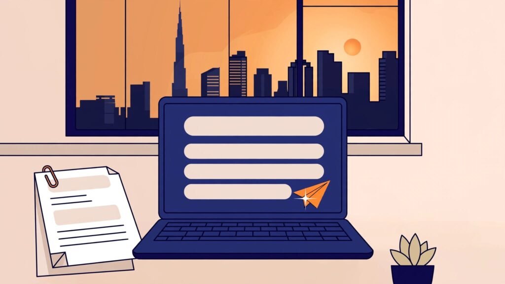 Laptop showing a job email with a CV attachment beside Dubai’s skyline.