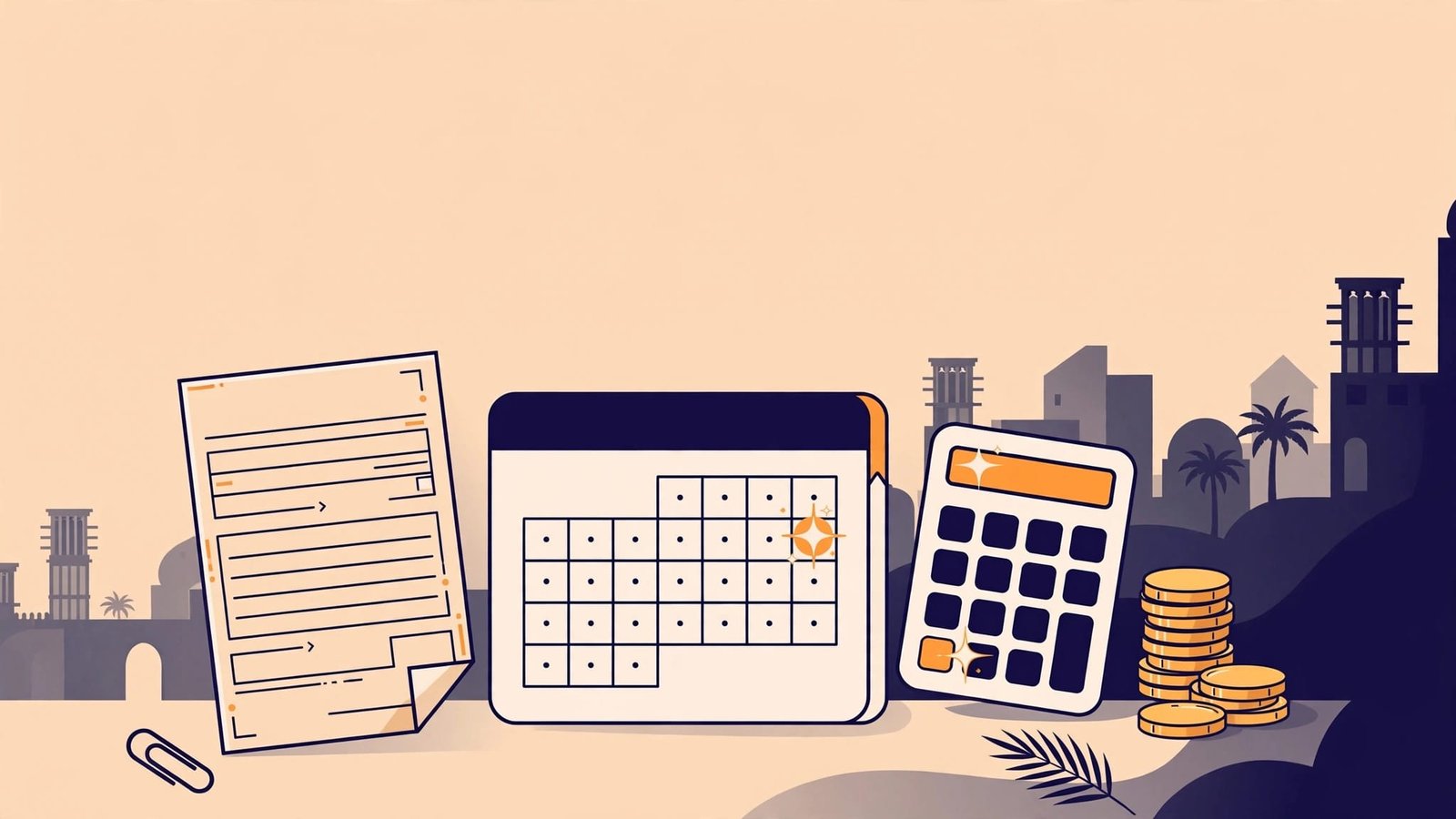 A payslip, holiday calendar, calculator, and gold coins on a desk with a UAE-inspired skyline.