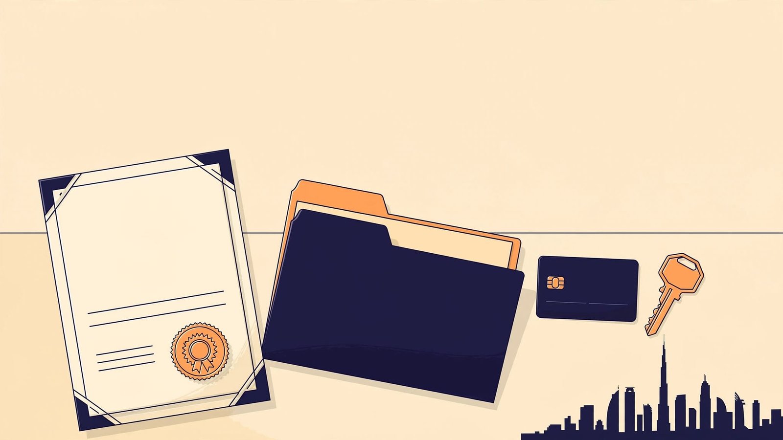 Blank UAE salary certificate beside a folder, bank card, house key, and skyline.