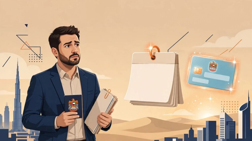 Concerned professional holding a passport beside a countdown calendar with Dubai behind them.