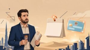 Concerned professional holding a passport beside a countdown calendar with Dubai behind them.