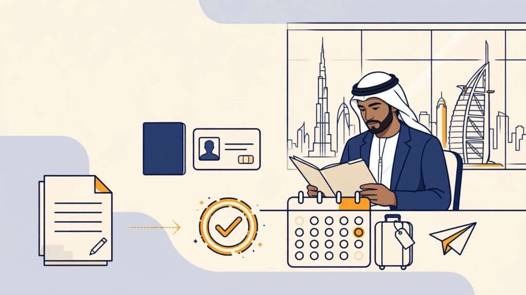 A professional reviews visa documents beside a desk with a Dubai skyline outside.