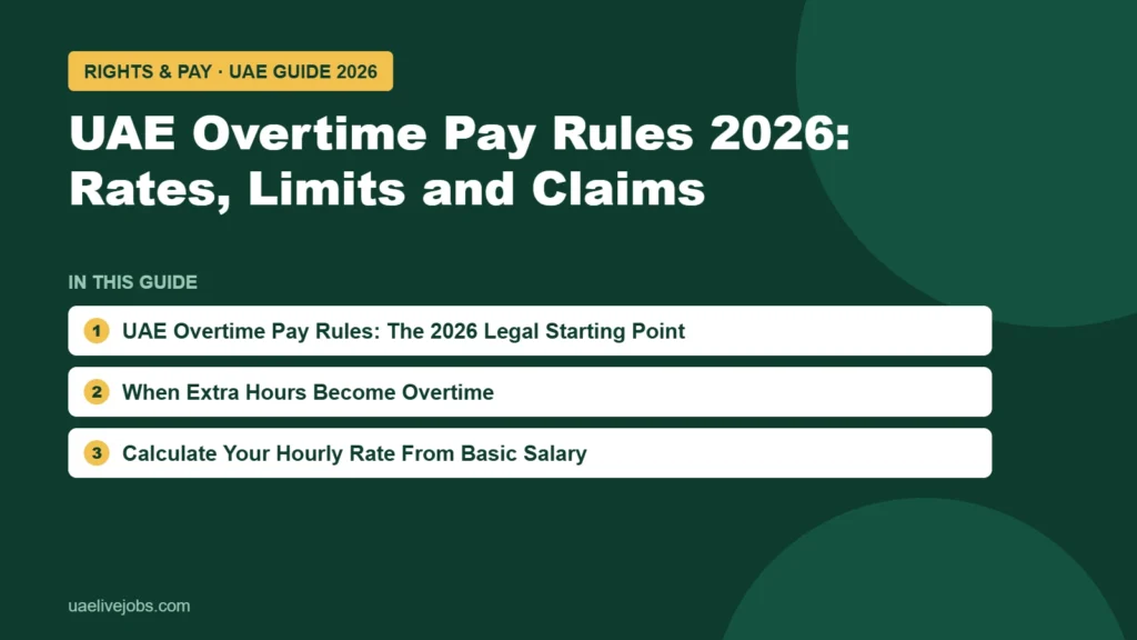 UAE Overtime Pay Rules 2026: Rates, Limits and Claims: UAE Overtime Pay Rules: The 2026 Legal Starting Point, When Extra Hours Become Overtime, Calculate Your Hourly Rate From Basic Salary