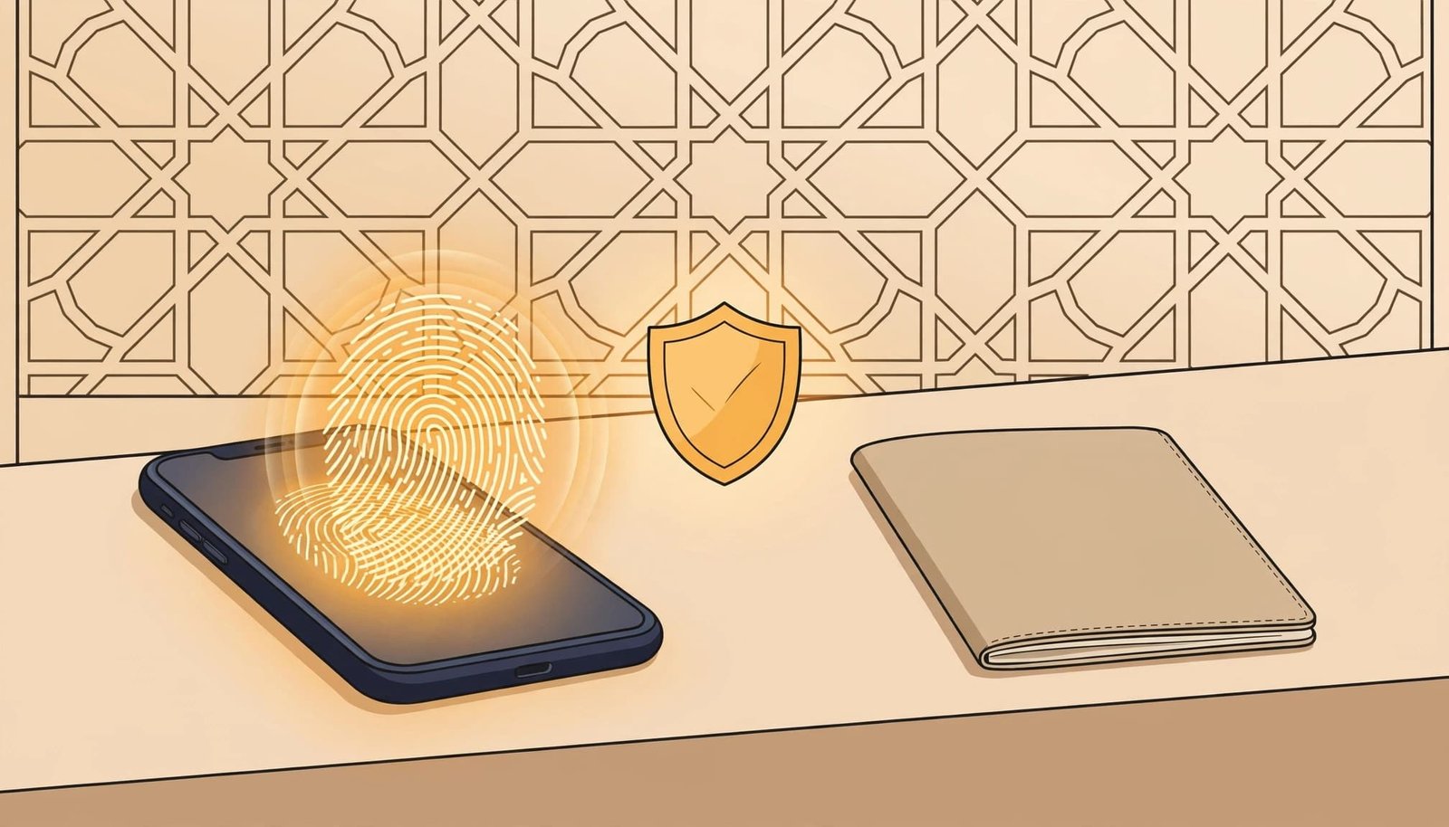 A phone glows beside a passport and shield on a service counter.