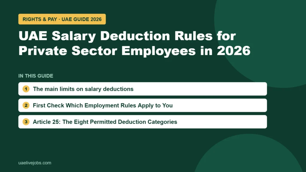 UAE Salary Deduction Rules for Private Sector Employees in 2026: The main limits on salary deductions, First Check Which Employment Rules Apply to You, Article 25: The Eight Permitted Deduction Categories