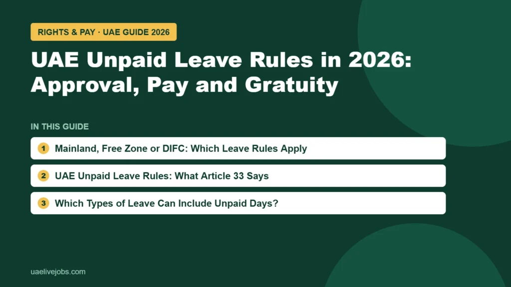 UAE Unpaid Leave Rules in 2026: Approval, Pay and Gratuity: Mainland, Free Zone or DIFC: Which Leave Rules Apply, UAE Unpaid Leave Rules: What Article 33 Says, Which Types of Leave Can Include Unpaid Days?