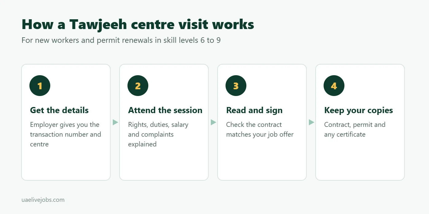 Four steps of a Tawjeeh centre visit: get the transaction details, attend the session, read and sign the contract, keep your copies