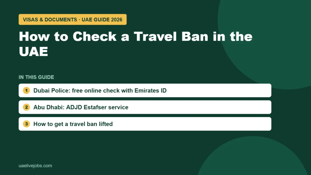 How to Check a Travel Ban in the UAE: Dubai Police: free online check with Emirates ID, Abu Dhabi: ADJD Estafser service, How to get a travel ban lifted