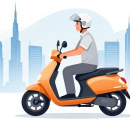 Smiling delivery rider beside a motorcycle with the Dubai skyline behind him.
