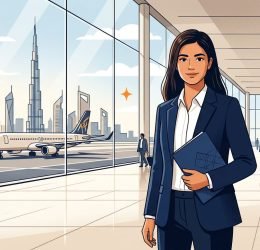 A young professional holds a CV folder inside a bright airport terminal.