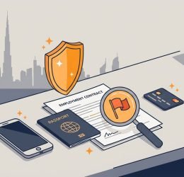 A phone, passport, contract, and card beside a warning symbol with Dubai’s skyline.
