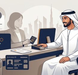 A new employee presents a passport beside a fingerprint scanner at a UAE service desk.
