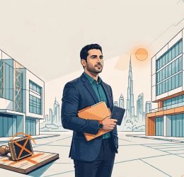 UAE professional with a folder and passport stands between two office buildings.