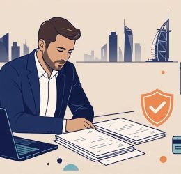 A UAE professional reviews insurance documents beside a laptop, shield, calendar, and payment symbols.