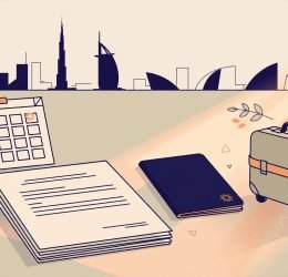 Desk with a calendar, passport, suitcase, contract, and UAE skyline silhouette.