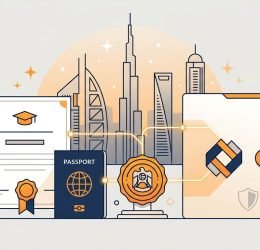 Diploma, passport, embassy seal, and folder arranged on a desk before a UAE skyline.
