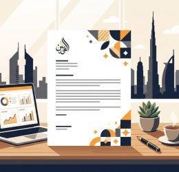 A cover letter beside a laptop and fountain pen, with the UAE skyline beyond the window.
