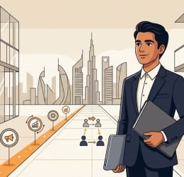 UAE graduate holding a laptop and folder beside career milestones in a modern office.