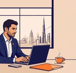 UAE professional writing a follow-up email beside interview materials and coffee.
