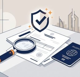A UAE job document, passport, magnifying glass, and shield symbol on a clean desk.