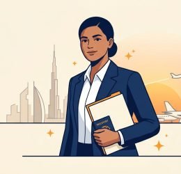 A professional holding a passport and folder in front of a UAE-inspired city skyline.