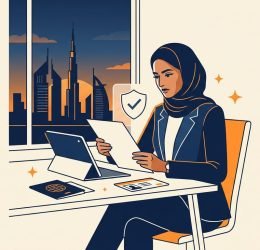 UAE professional reviewing a part-time work permit with documents and a laptop.