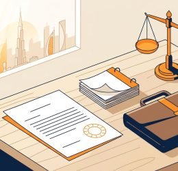 Desk with an employment contract, calendar, briefcase, legal scales, and Dubai skyline.