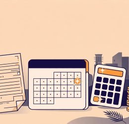 A payslip, holiday calendar, calculator, and gold coins on a desk with a UAE-inspired skyline.