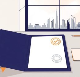 A UAE reference letter folder and verification seal sit on a desk beside a Dubai skyline.