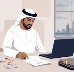 An Emirati employee arranges resignation papers and handover folders beside a laptop.