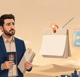 Concerned professional holding a passport beside a countdown calendar with Dubai behind them.